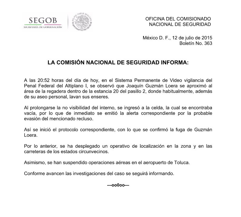 RECOPILACIÓN DE NOTICIAS >"Ya me cansé huevones, me voy"Se fuga el Chapo del Penal Altiplano I Comunicado120715